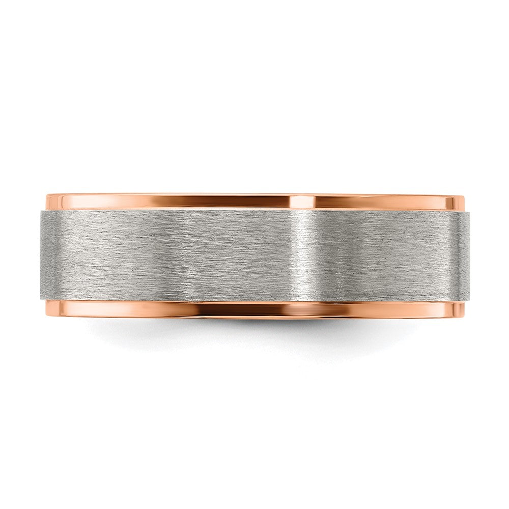 Alternate view of the 7mm Titanium &amp; Rose Tone Plated Ridged Edge Standard Fit Band by The Black Bow Jewelry Co.