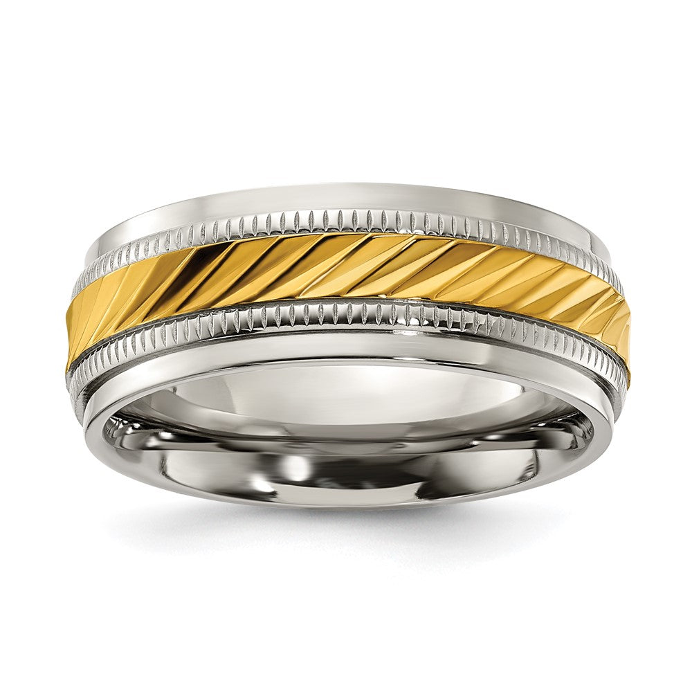 8mm Titanium & Gold Tone Plated Grooved Standard Fit Band, Item R11960 by The Black Bow Jewelry Co.