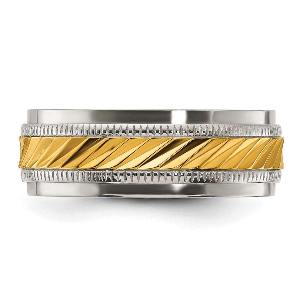 Alternate view of the 8mm Titanium &amp; Gold Tone Plated Grooved Standard Fit Band by The Black Bow Jewelry Co.