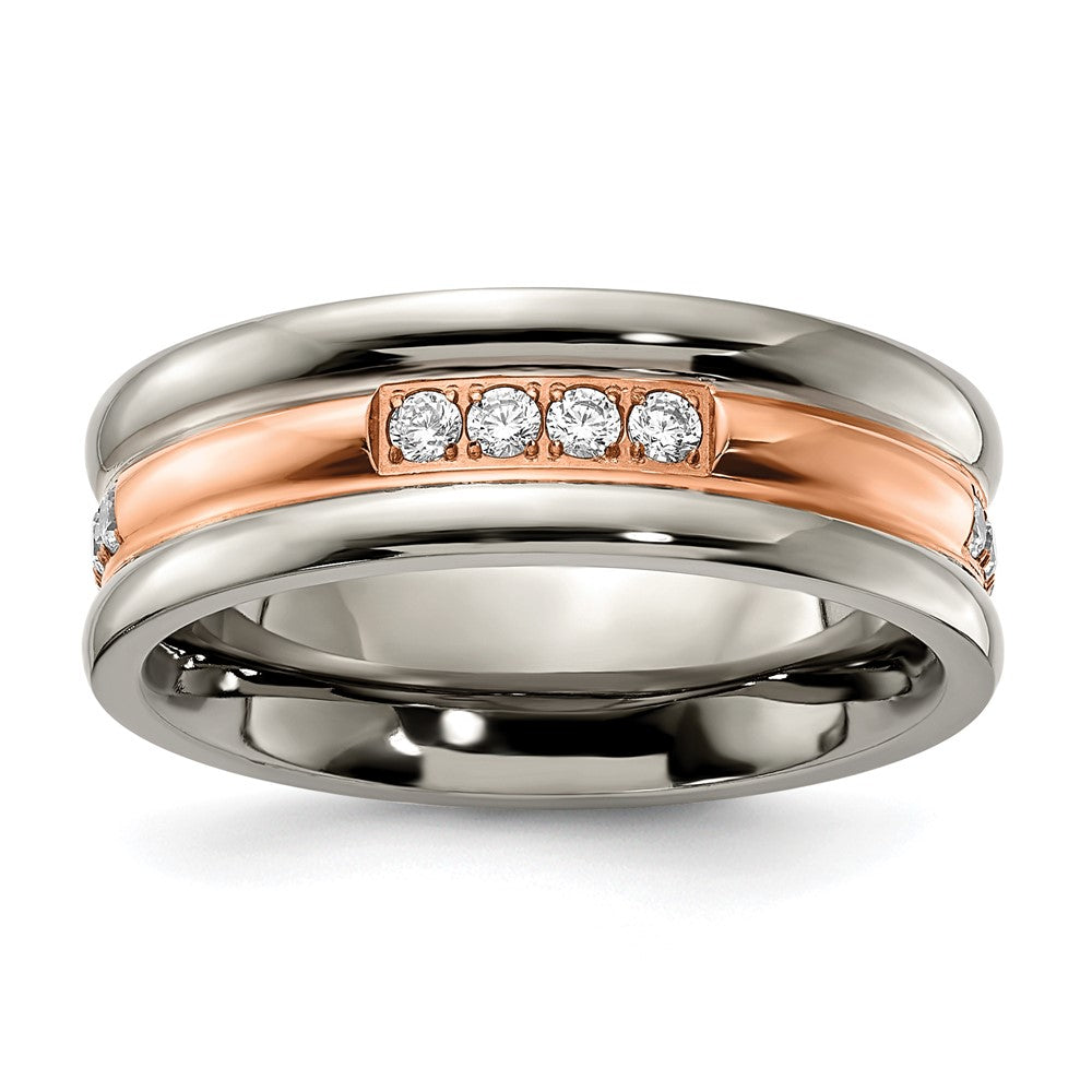 7mm Titanium, Rose Tone Plated, &amp; CZ Grooved Standard Fit Band, Item R11961 by The Black Bow Jewelry Co.