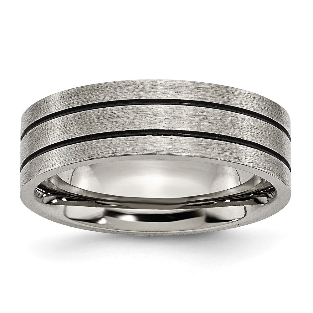 7mm Titanium &amp; Black Enamel Brushed Grooved Flat Standard Fit Band, Item R11962 by The Black Bow Jewelry Co.