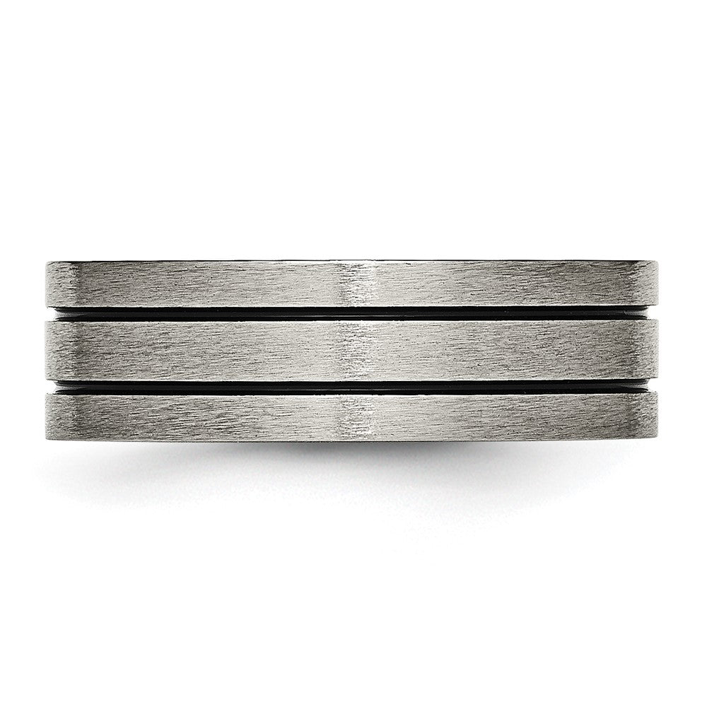 Alternate view of the 7mm Titanium &amp; Black Enamel Brushed Grooved Flat Standard Fit Band by The Black Bow Jewelry Co.