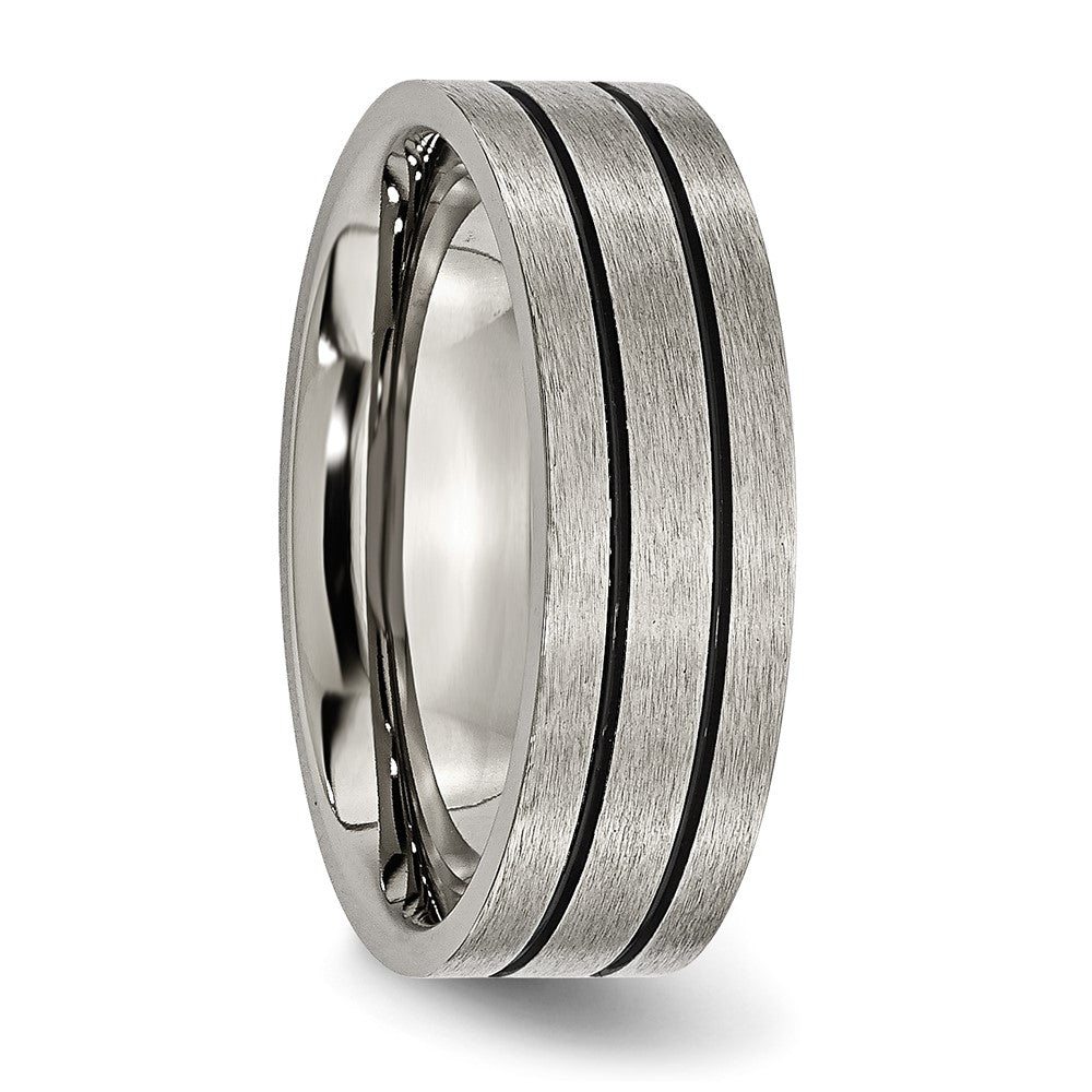 Alternate view of the 7mm Titanium &amp; Black Enamel Brushed Grooved Flat Standard Fit Band by The Black Bow Jewelry Co.