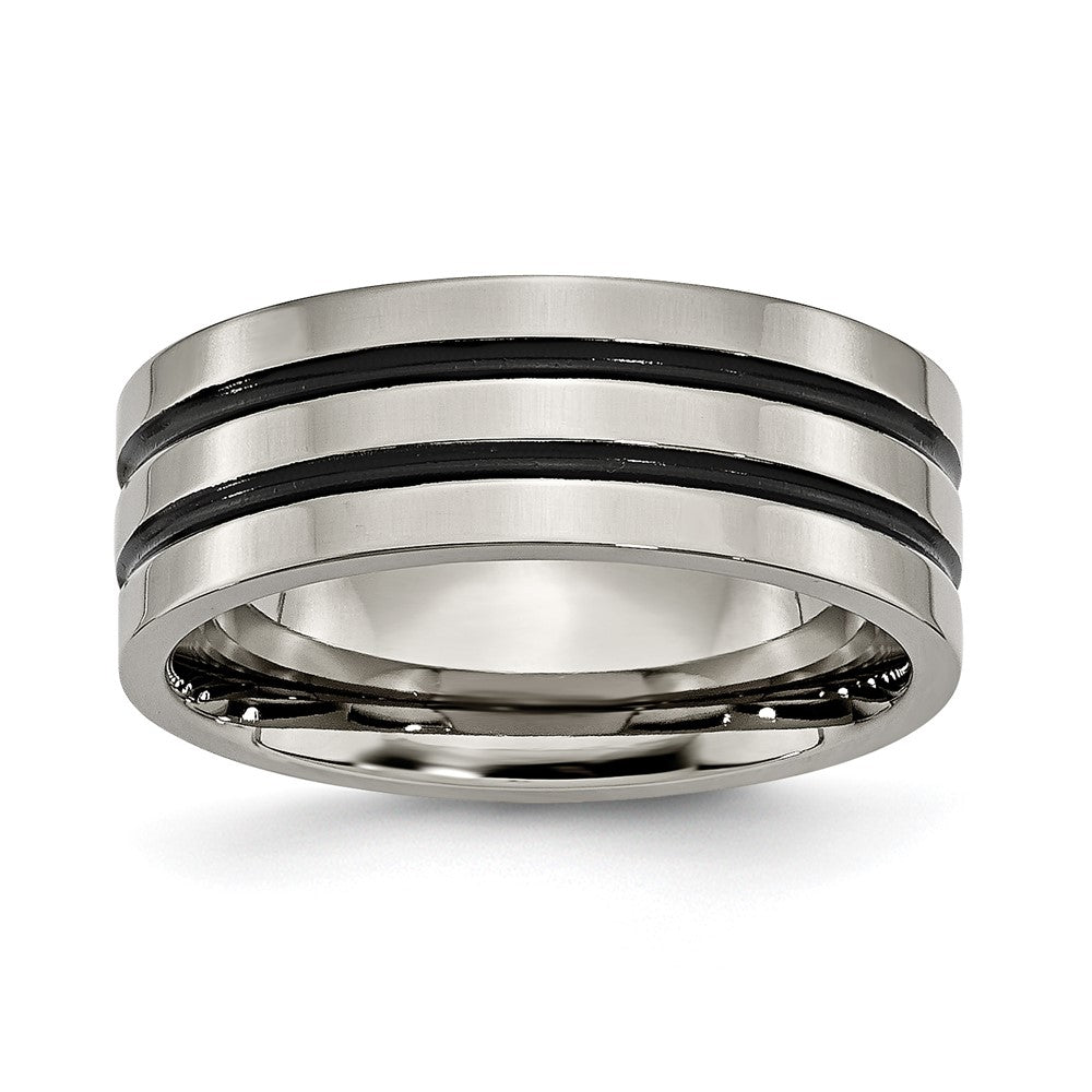 8mm Titanium &amp; Black Enamel Polished Grooved Flat Standard Fit Band, Item R11963 by The Black Bow Jewelry Co.