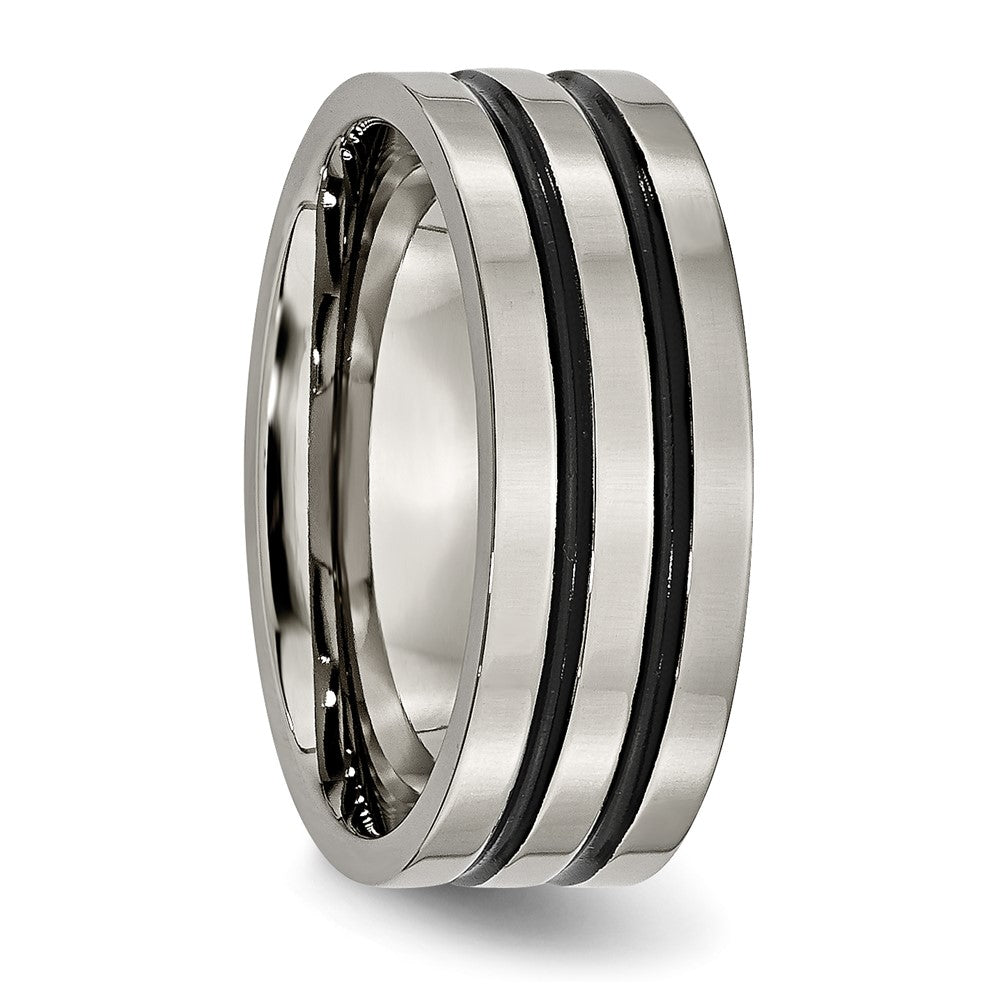 Alternate view of the 8mm Titanium &amp; Black Enamel Polished Grooved Flat Standard Fit Band by The Black Bow Jewelry Co.