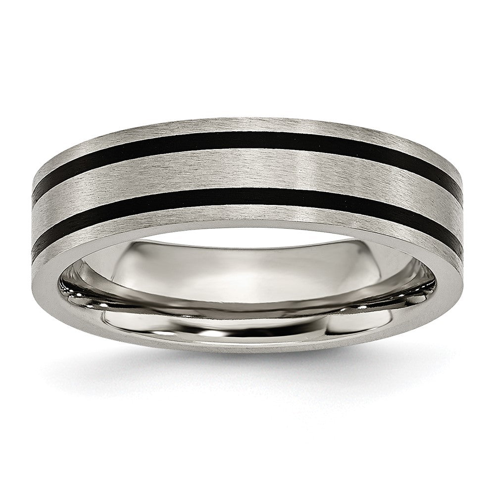 6mm Titanium &amp; Black Enamel Brushed Flat Standard Fit Band, Item R11966 by The Black Bow Jewelry Co.