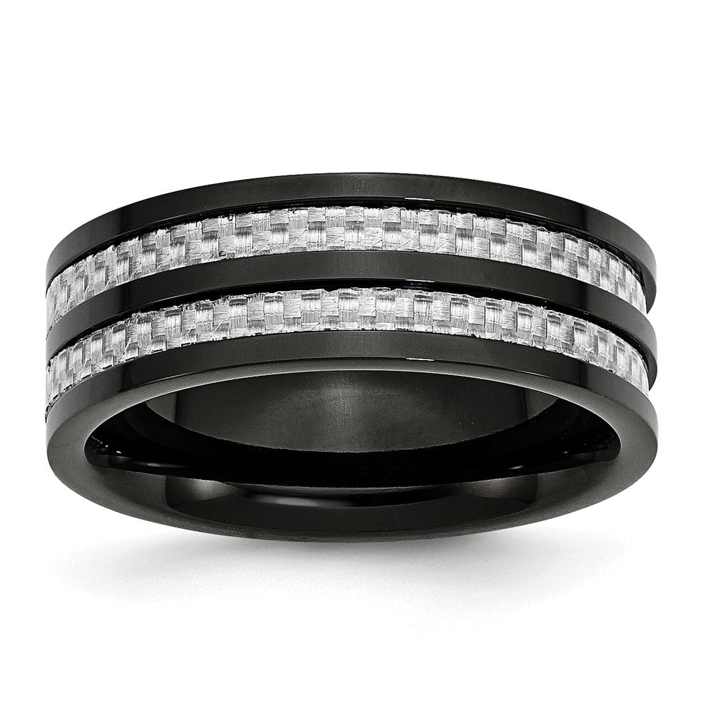Men&#39;s 8mm Black Plated Titanium Gray Carbon Fiber Standard Fit Band, Item R11967 by The Black Bow Jewelry Co.