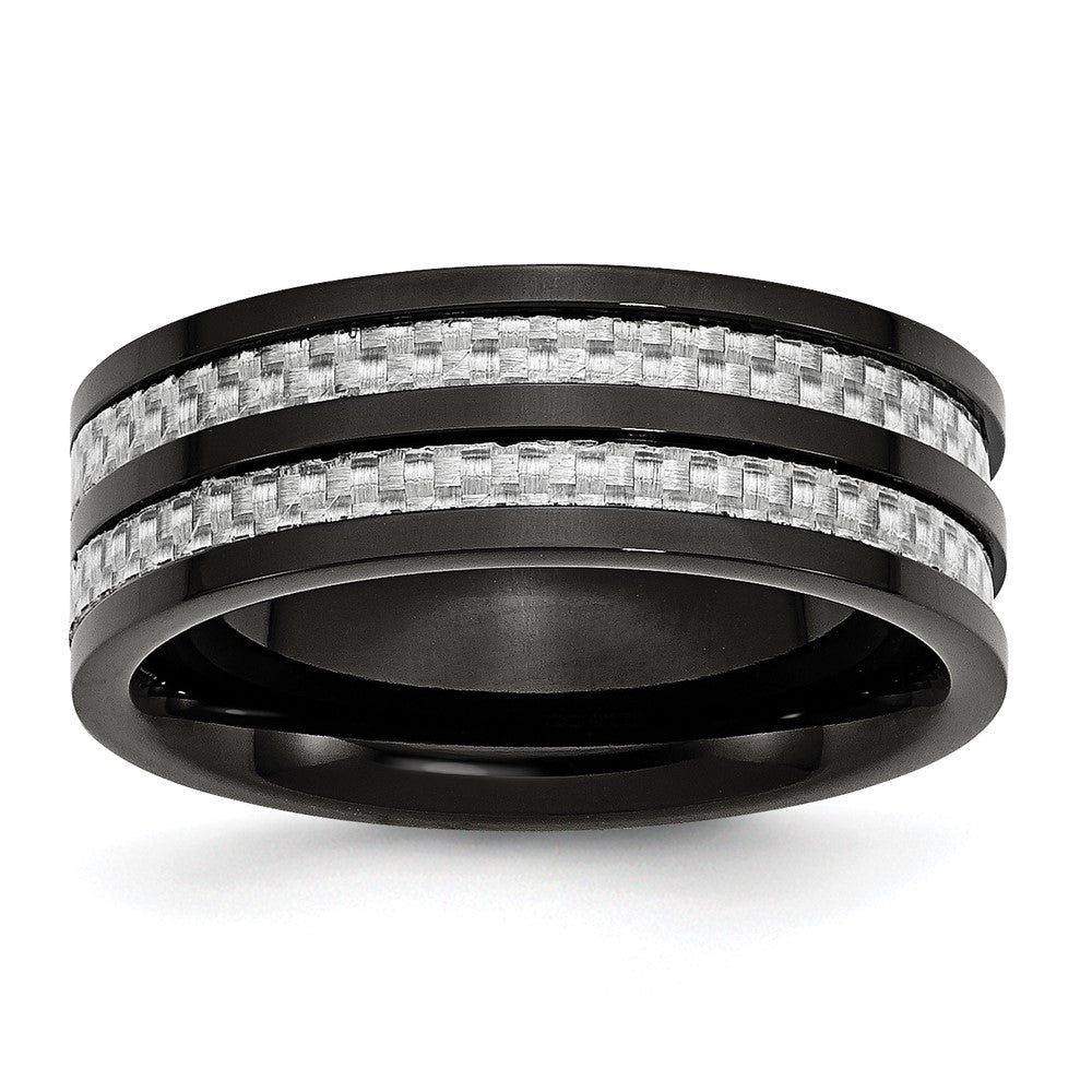 Men's 8mm Black Plated Titanium Gray Carbon Fiber Standard Fit Band, Item R11967 by The Black Bow Jewelry Co.