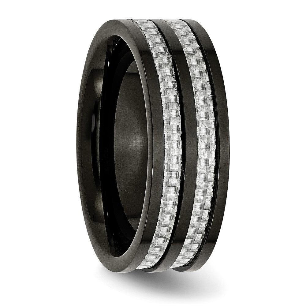 Alternate view of the Men's 8mm Black Plated Titanium Gray Carbon Fiber Standard Fit Band by The Black Bow Jewelry Co.