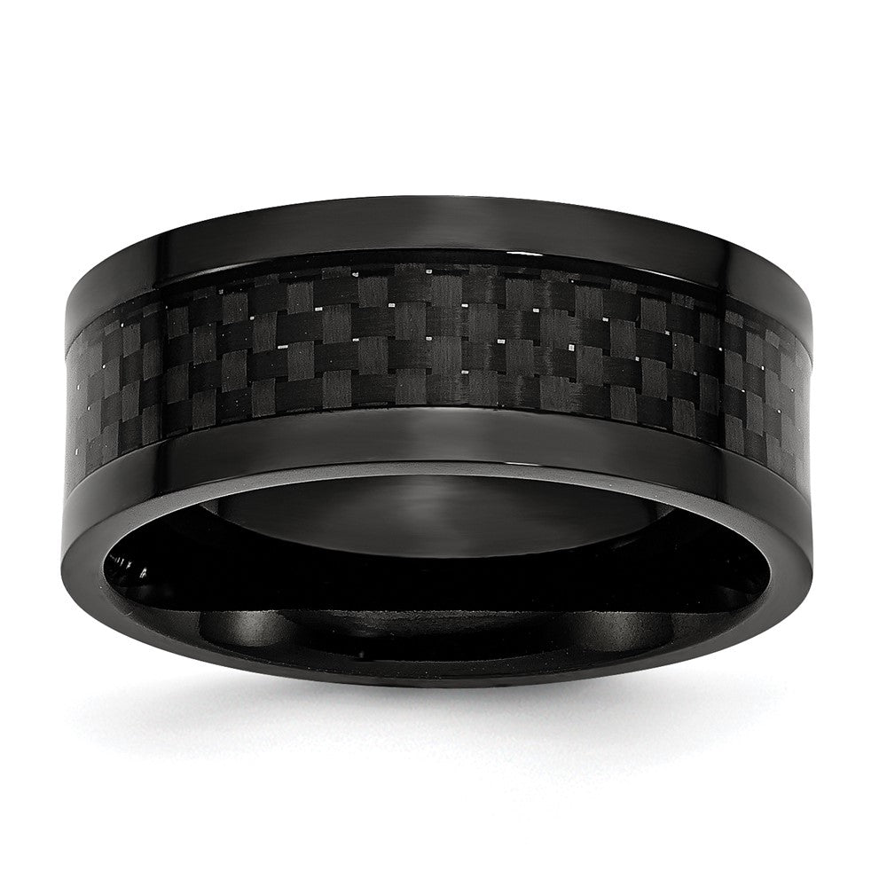 Men&#39;s 9mm Black Plated Titanium &amp; Carbon Fiber Flat Comfort Fit Band, Item R11968 by The Black Bow Jewelry Co.