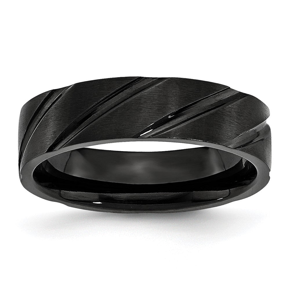 6mm Black Plated Titanium Brushed Grooved Standard Fit Band, Item R11969 by The Black Bow Jewelry Co.