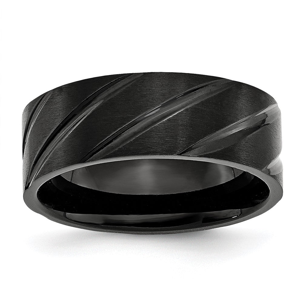 8mm Black Plated Titanium Brushed Grooved Standard Fit Band, Item R11970 by The Black Bow Jewelry Co.