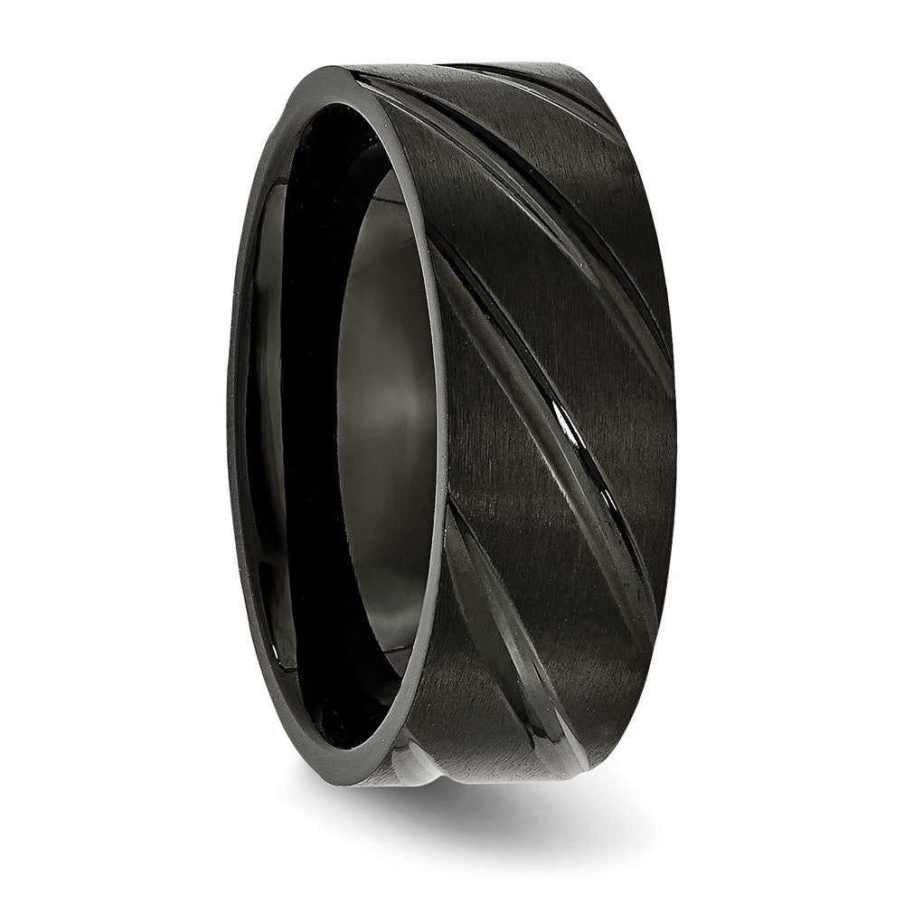 Alternate view of the 8mm Black Plated Titanium Brushed Grooved Standard Fit Band by The Black Bow Jewelry Co.
