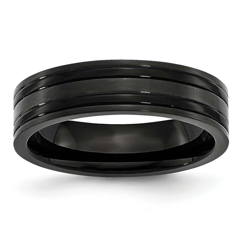 6mm Black Plated Titanium Brushed &amp; Polished Grooved Comfort Fit Band, Item R11971 by The Black Bow Jewelry Co.