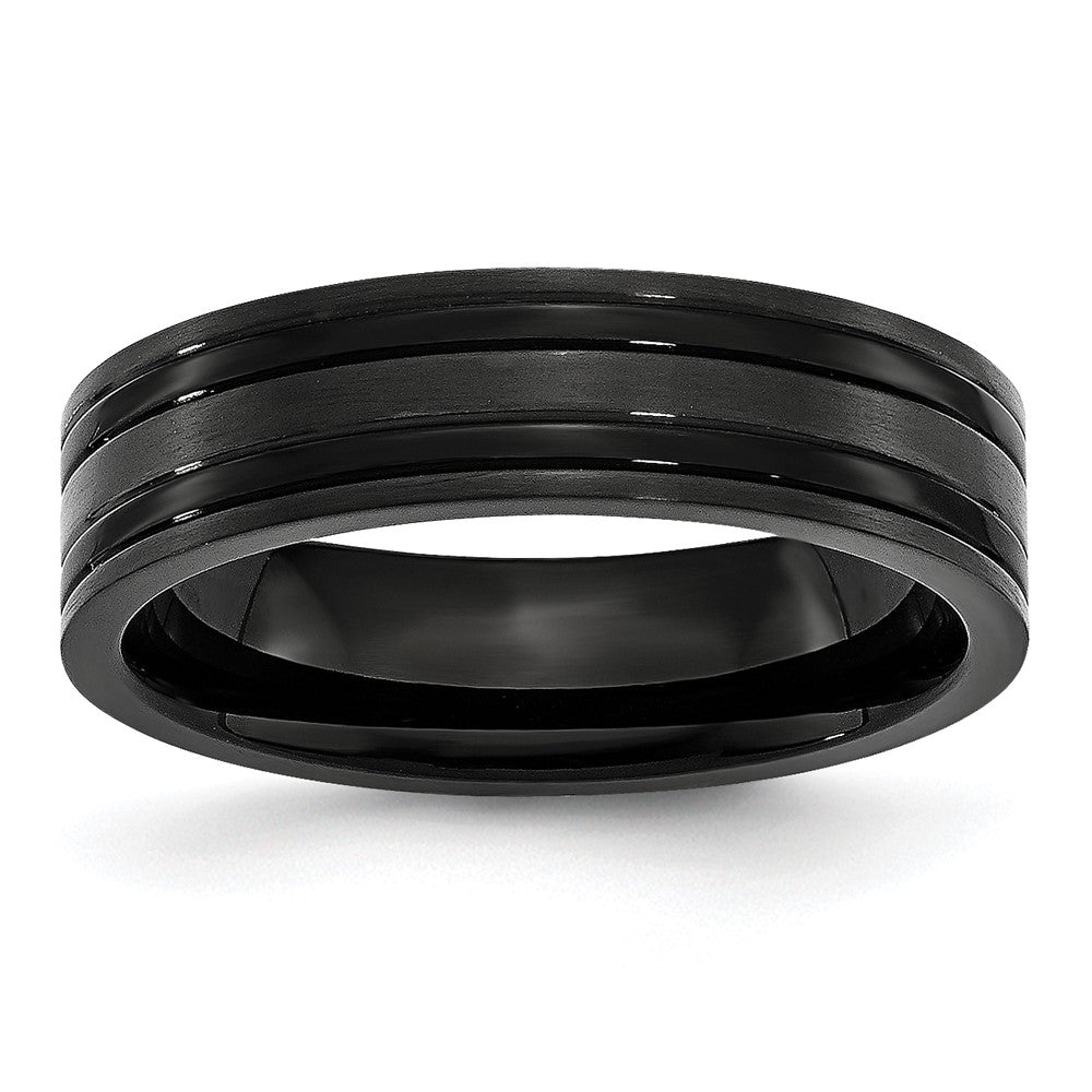 6mm Black Plated Titanium Brushed & Polished Grooved Comfort Fit Band, Item R11971 by The Black Bow Jewelry Co.