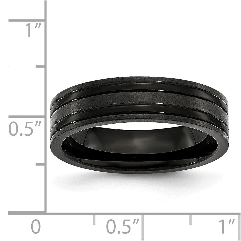 Alternate view of the 6mm Black Plated Titanium Brushed &amp; Polished Grooved Comfort Fit Band by The Black Bow Jewelry Co.