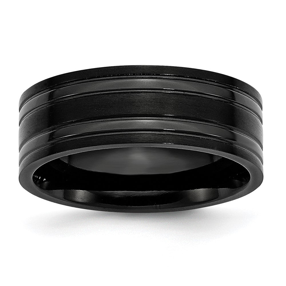 8mm Black Plated Titanium Brushed &amp; Polished Grooved Comfort Fit Band, Item R11972 by The Black Bow Jewelry Co.