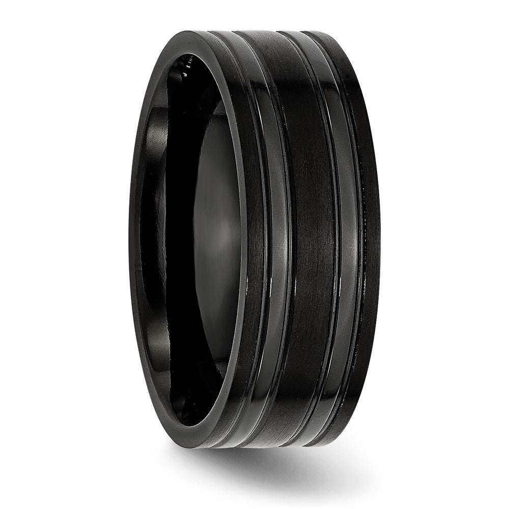 Alternate view of the 8mm Black Plated Titanium Brushed &amp; Polished Grooved Comfort Fit Band by The Black Bow Jewelry Co.