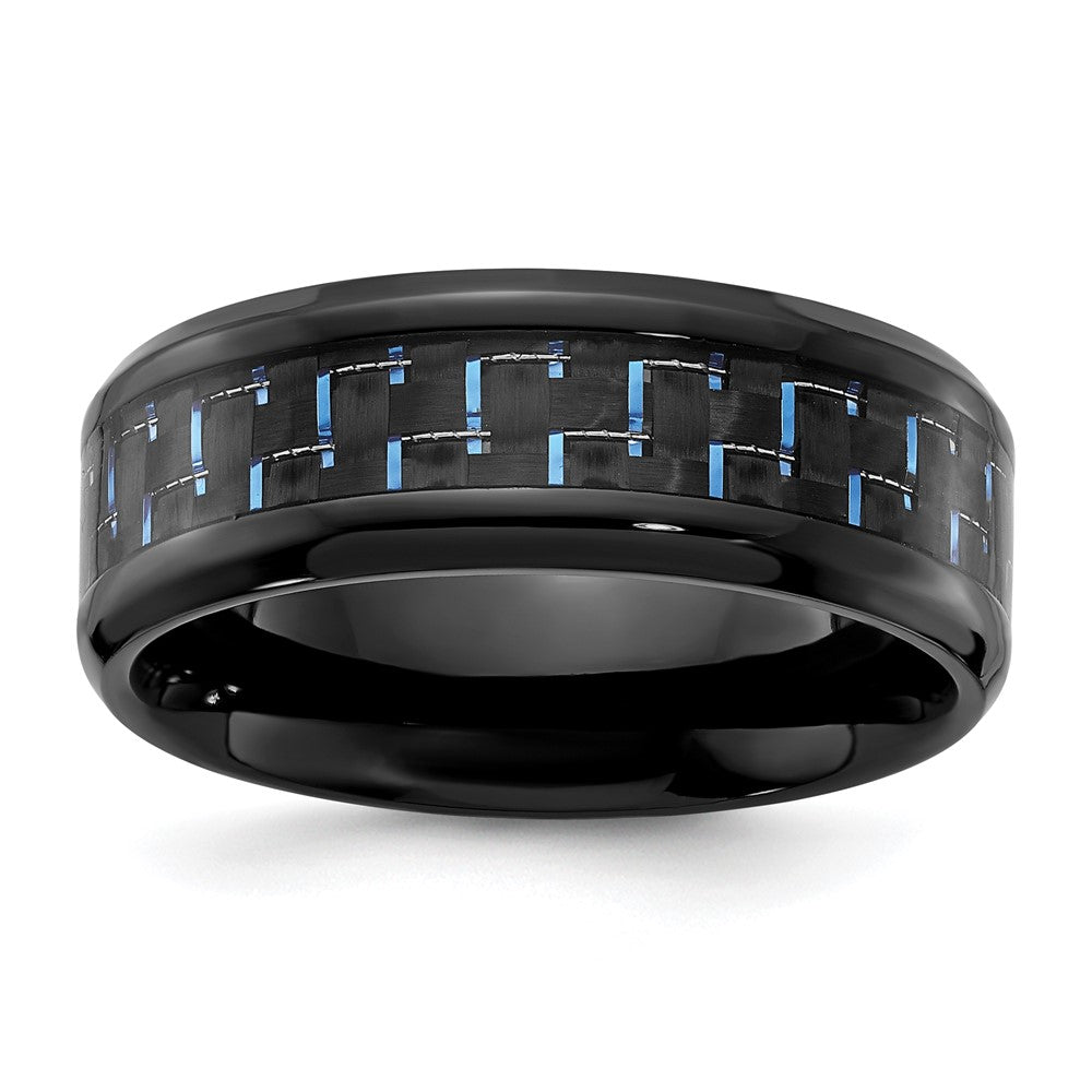 8mm Black Plated Titanium Black/Blue Carbon Fiber Beveled Band, Item R11974 by The Black Bow Jewelry Co.