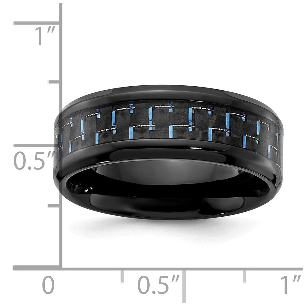 Alternate view of the 8mm Black Plated Titanium Black/Blue Carbon Fiber Beveled Band by The Black Bow Jewelry Co.