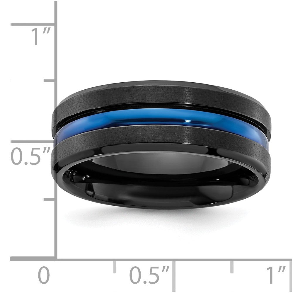 Alternate view of the Men's 8mm Black & Blue Plated Titanium Grooved Standard Fit Band by The Black Bow Jewelry Co.