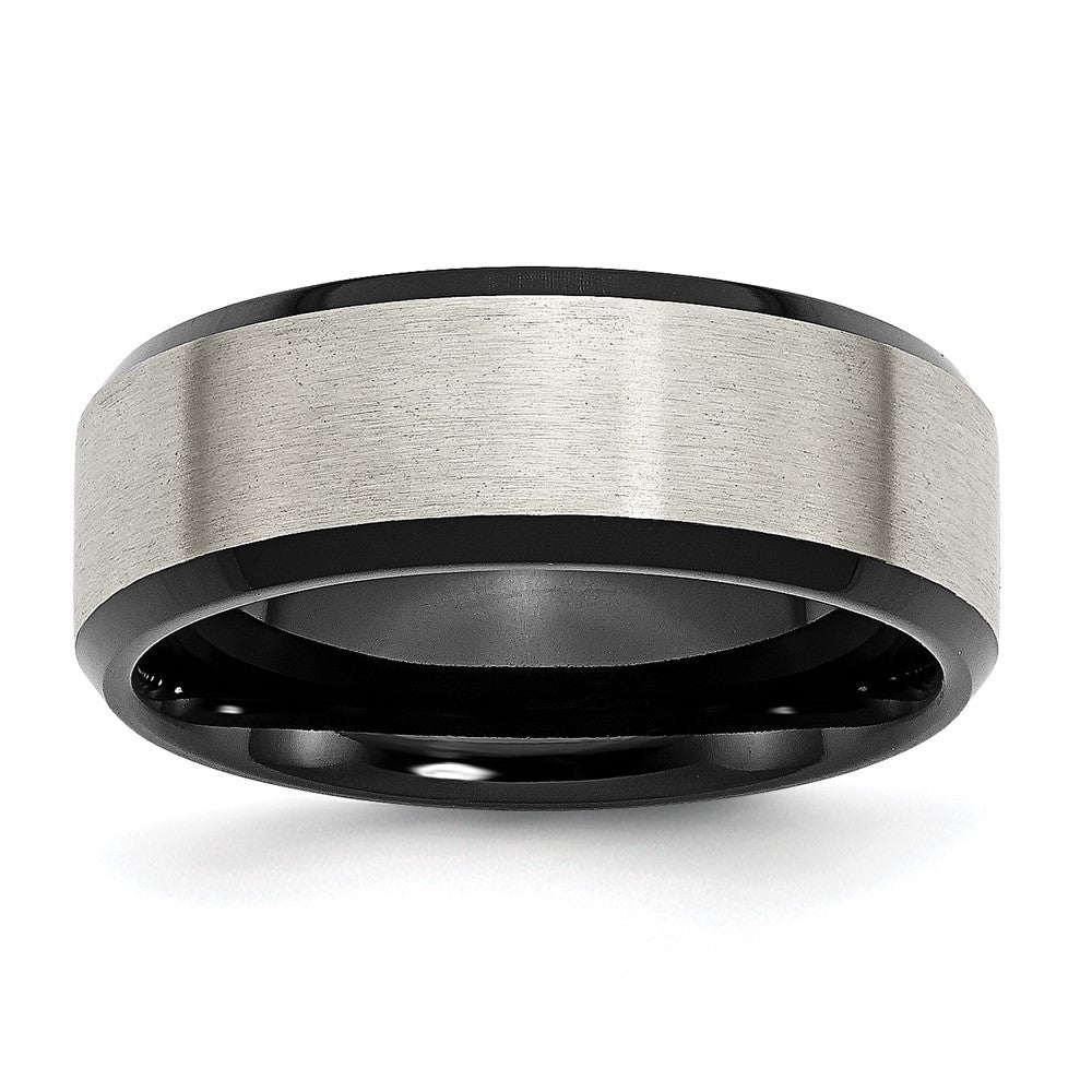 8mm Titanium Brushed & Black Plated Beveled Edge Comfort Fit Band, Item R11979 by The Black Bow Jewelry Co.