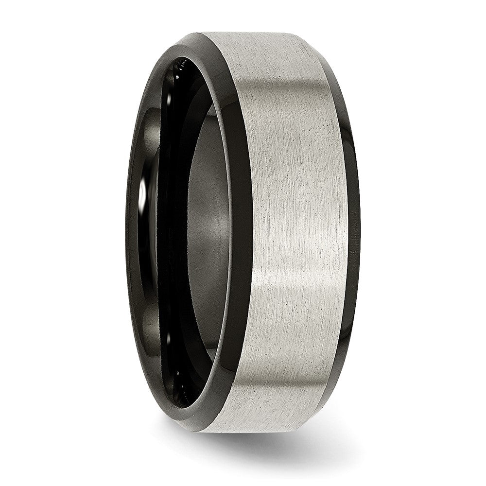 Alternate view of the 8mm Titanium Brushed & Black Plated Beveled Edge Comfort Fit Band by The Black Bow Jewelry Co.