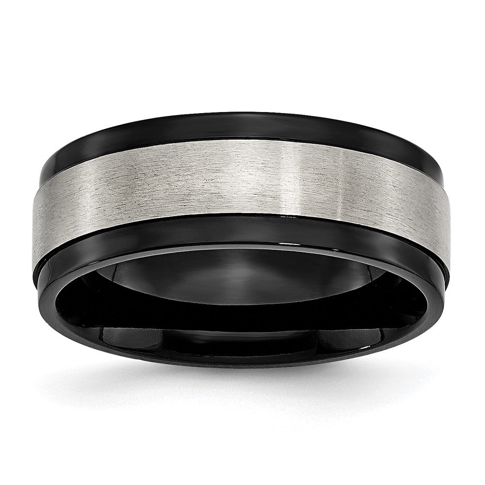 Men's 8mm Titanium Brushed & Black Plated Ridged Comfort Fit Band, Item R11980 by The Black Bow Jewelry Co.