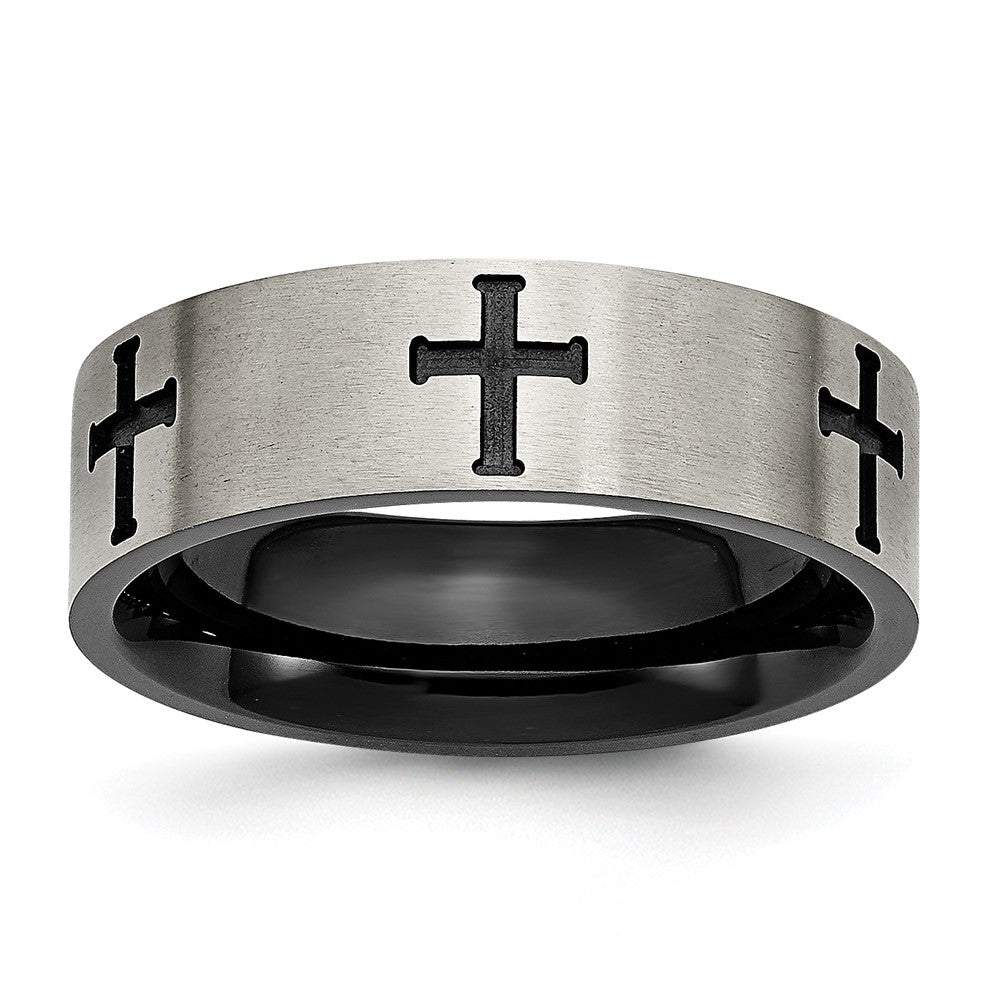 7mm Titanium Brushed &amp; Black Plated Cross Standard Fit Band, Item R11981 by The Black Bow Jewelry Co.