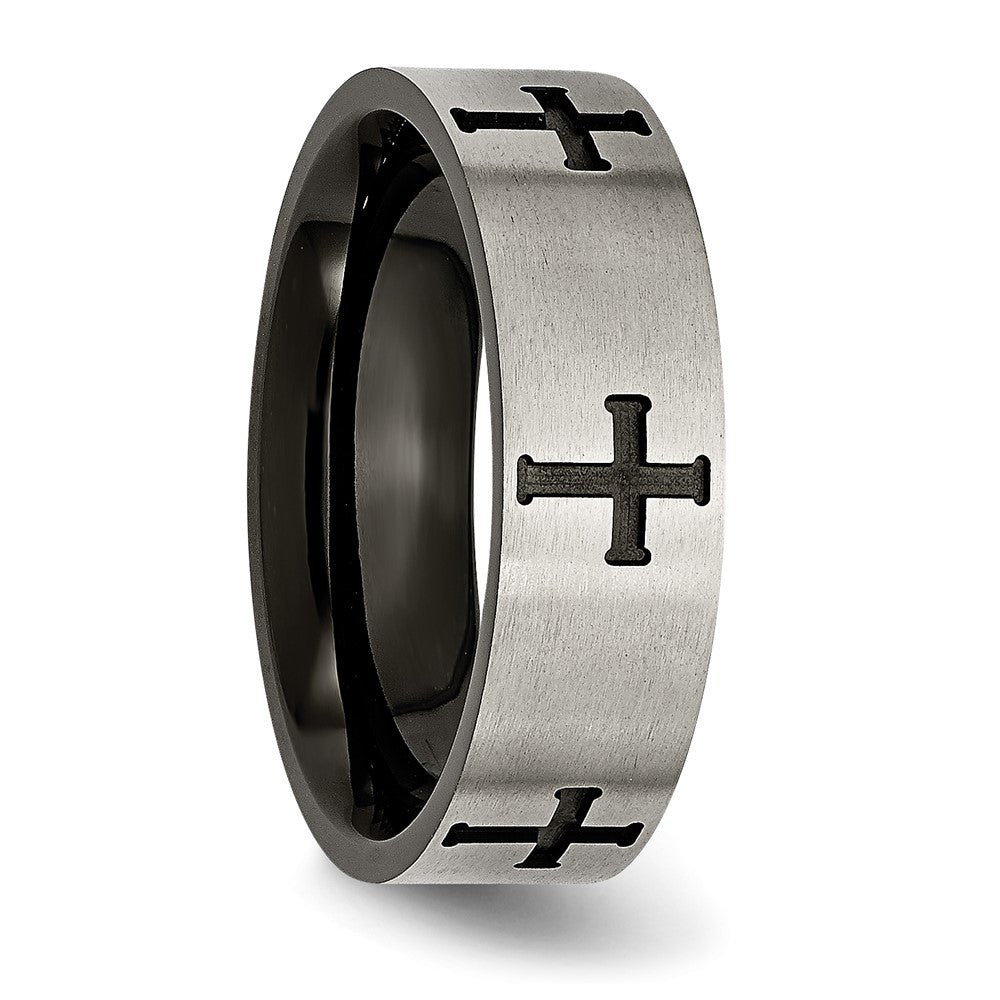 Alternate view of the 7mm Titanium Brushed &amp; Black Plated Cross Standard Fit Band by The Black Bow Jewelry Co.
