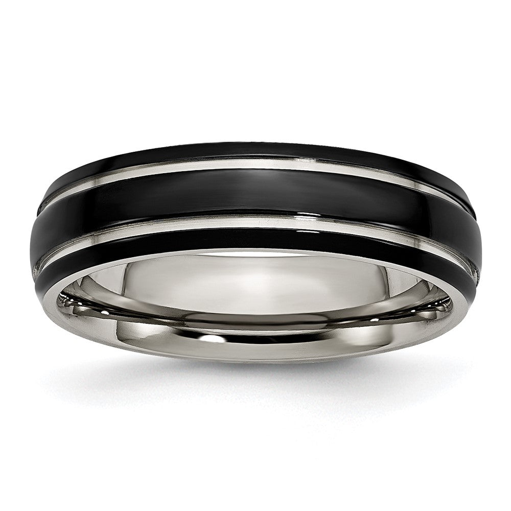 6mm Titanium Polished & Black Plated Grooved Standard Fit Band, Item R11982 by The Black Bow Jewelry Co.