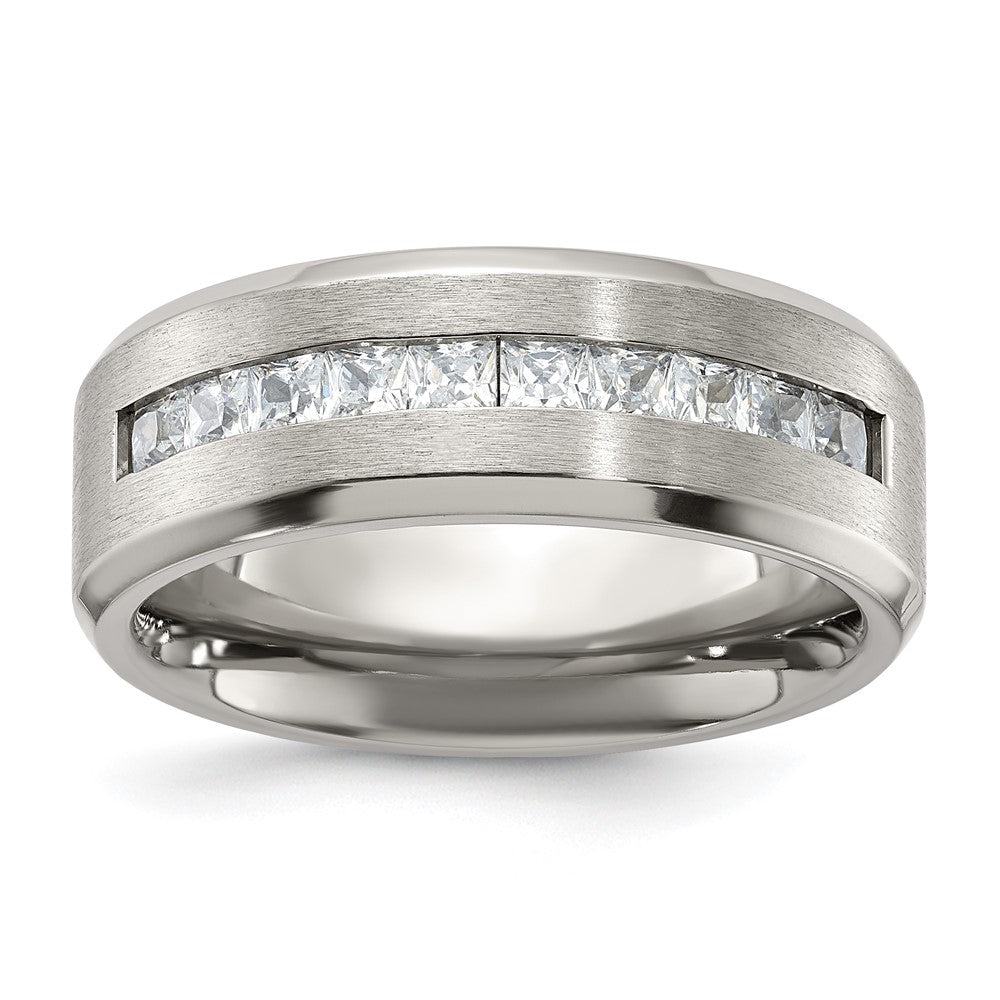 8mm Titanium &amp; CZ Brushed &amp; Polished Beveled Standard Fit Band, Item R11983 by The Black Bow Jewelry Co.
