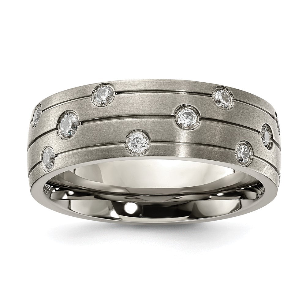 8mm Titanium &amp; CZ Brushed &amp; Grooved Standard Fit Band, Item R11985 by The Black Bow Jewelry Co.