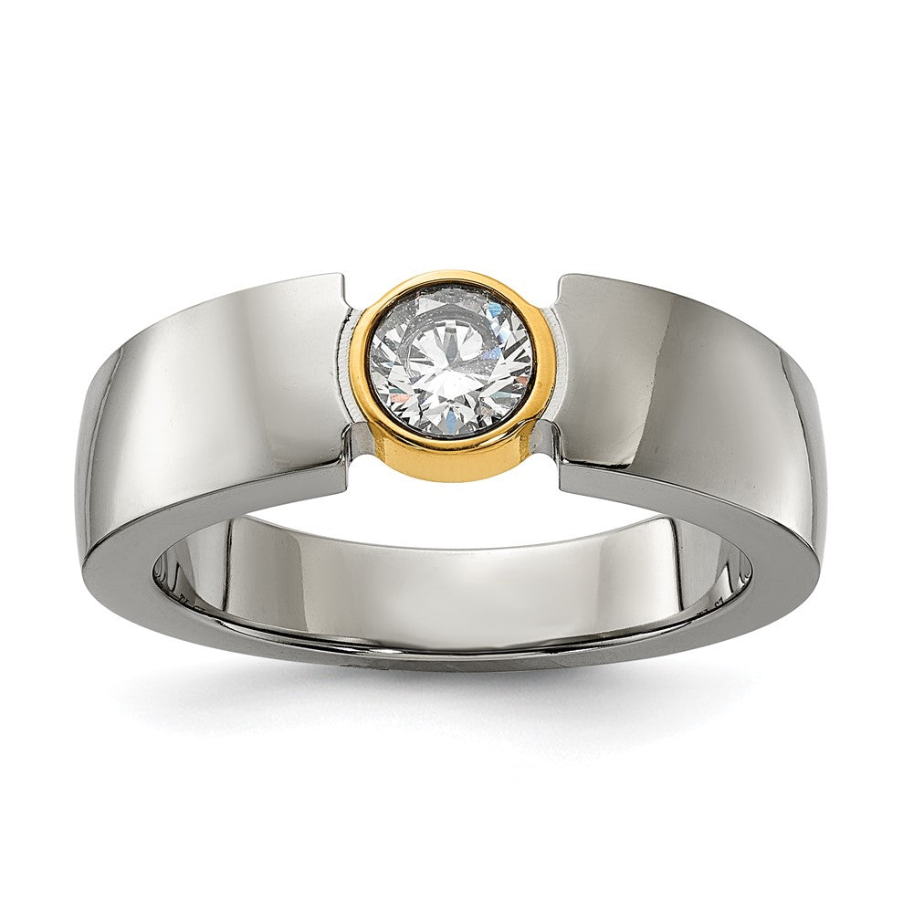 6.5mm Titanium, Gold Tone Plated &amp; CZ Tapered Fit Ring, Item R11989 by The Black Bow Jewelry Co.