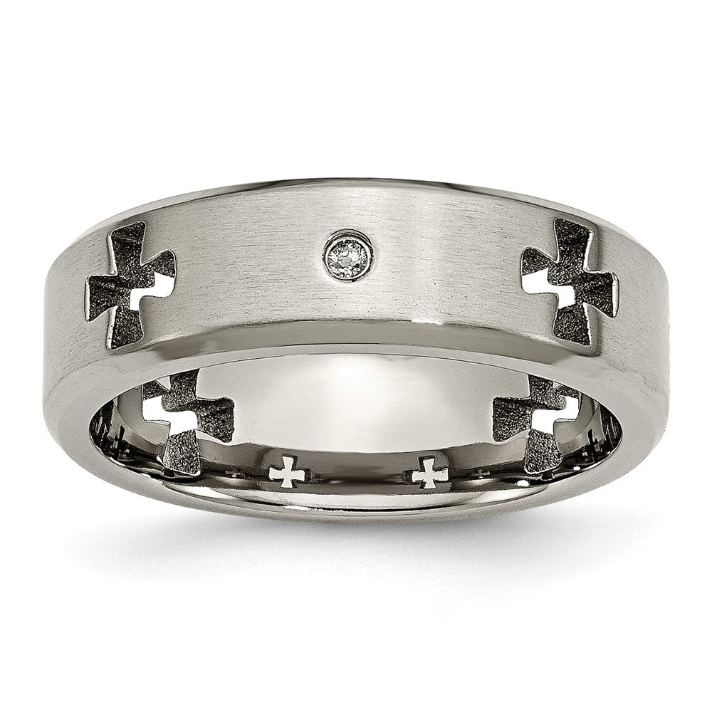 7mm Titanium 1/10ctw Diamond Cut Out Cross Beveled Edge Band, Item R11993 by The Black Bow Jewelry Co.