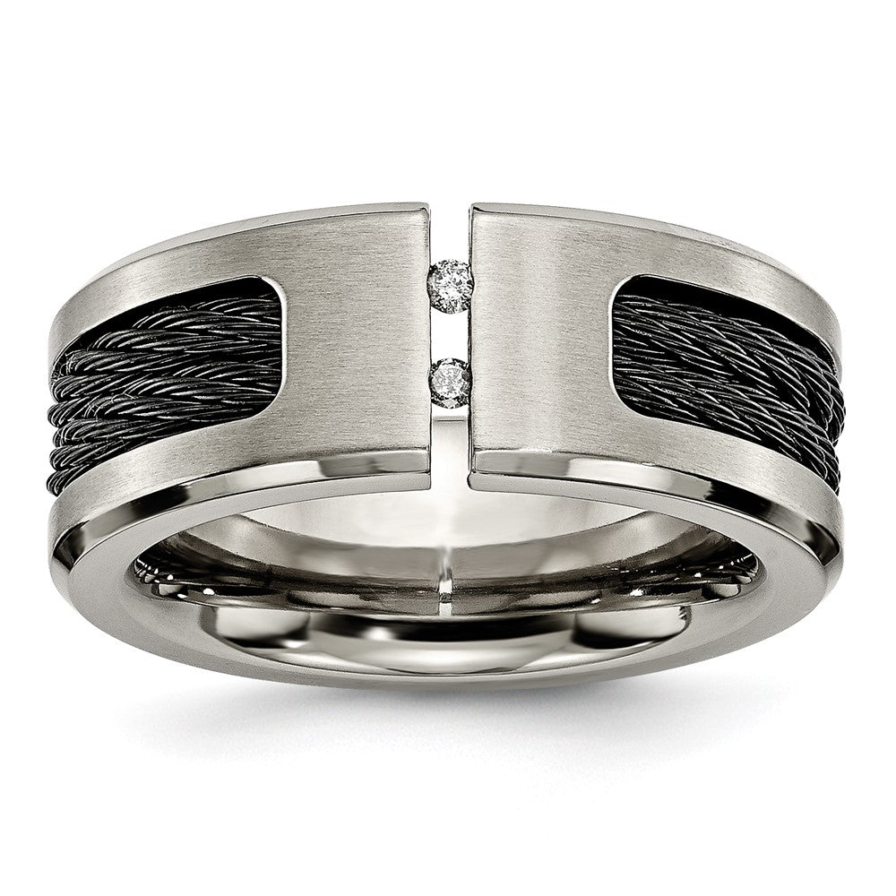 Mens 10mm Titanium Black Plated Cable .05ctw Diamond Standard Fit Band, Item R11995 by The Black Bow Jewelry Co.