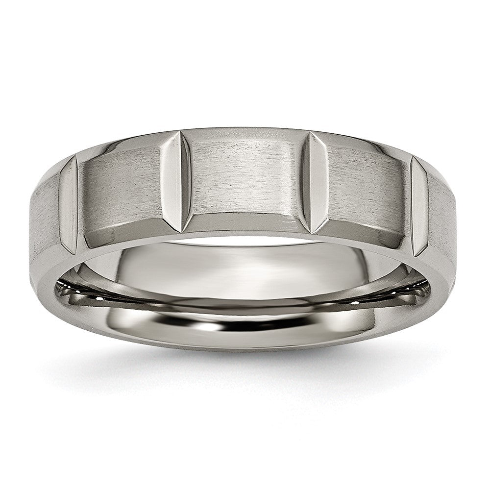 6mm Titanium Grooved & Beveled Edge Standard Fit Band, Item R11996 by The Black Bow Jewelry Co.