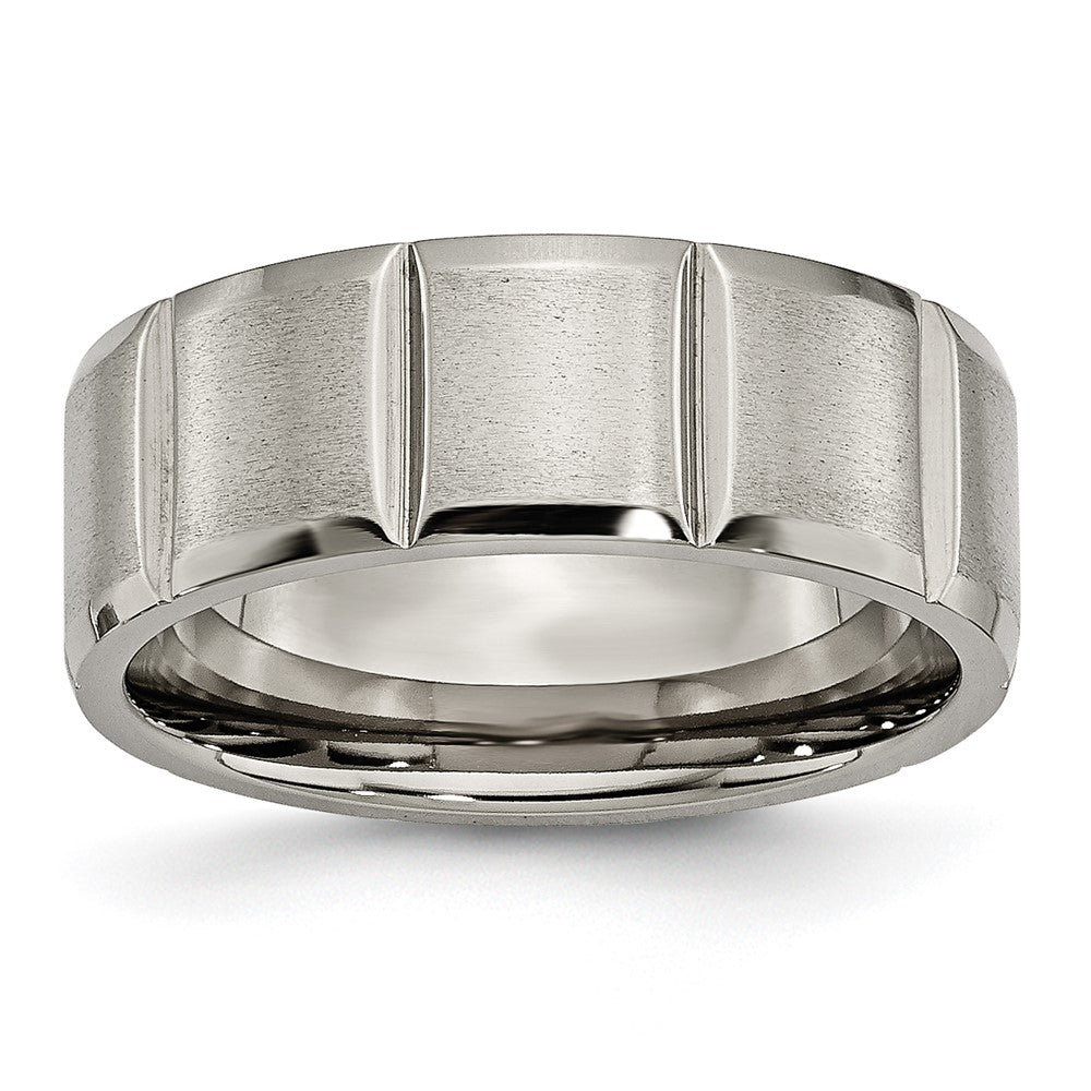 Men's 8mm Titanium Grooved & Beveled Edge Standard Fit Band, Item R11997 by The Black Bow Jewelry Co.