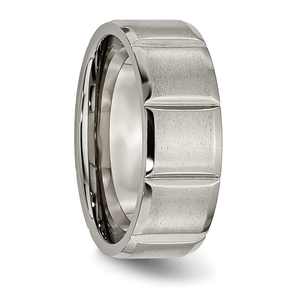 Alternate view of the Men's 8mm Titanium Grooved & Beveled Edge Standard Fit Band by The Black Bow Jewelry Co.