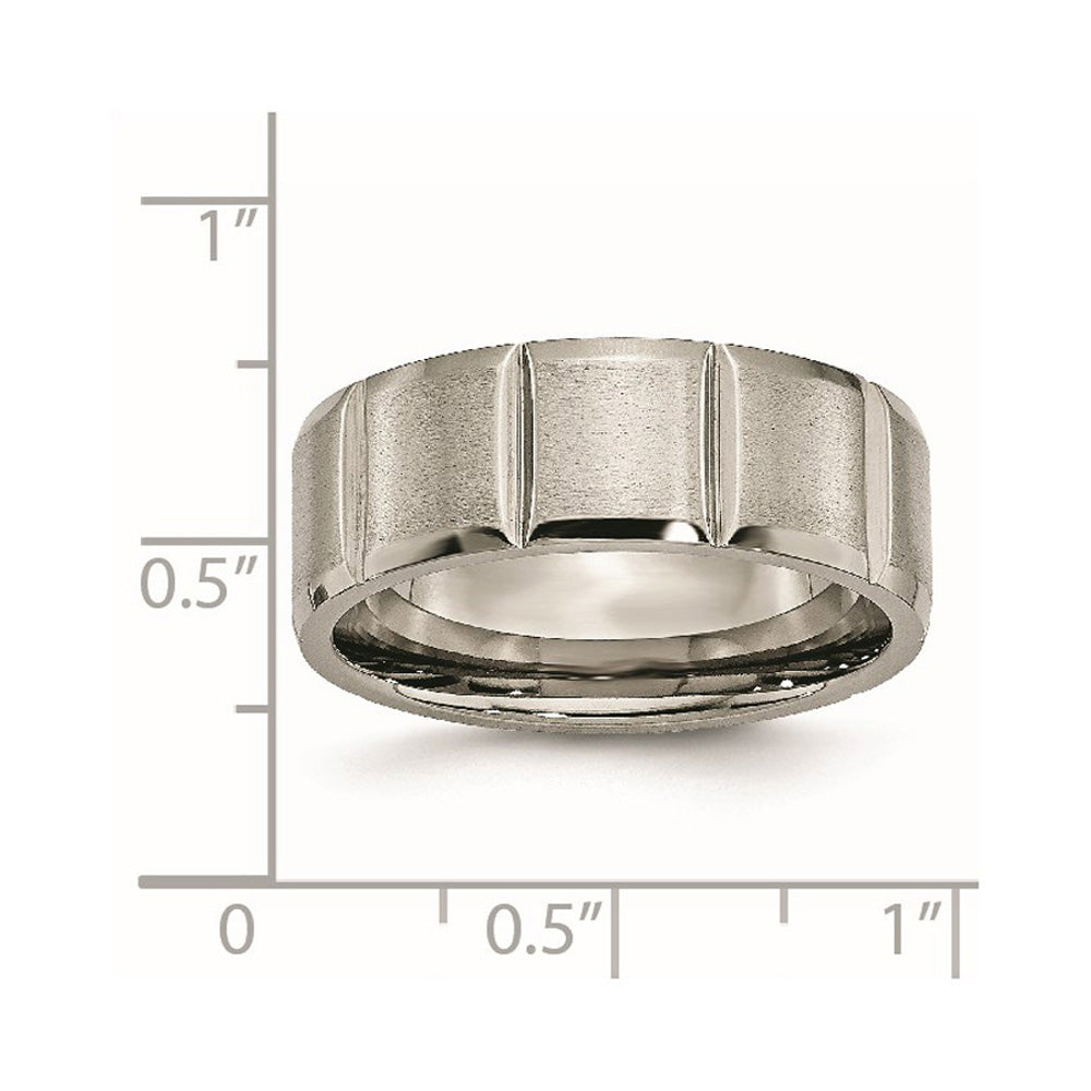 Alternate view of the Men's 8mm Titanium Grooved & Beveled Edge Standard Fit Band by The Black Bow Jewelry Co.