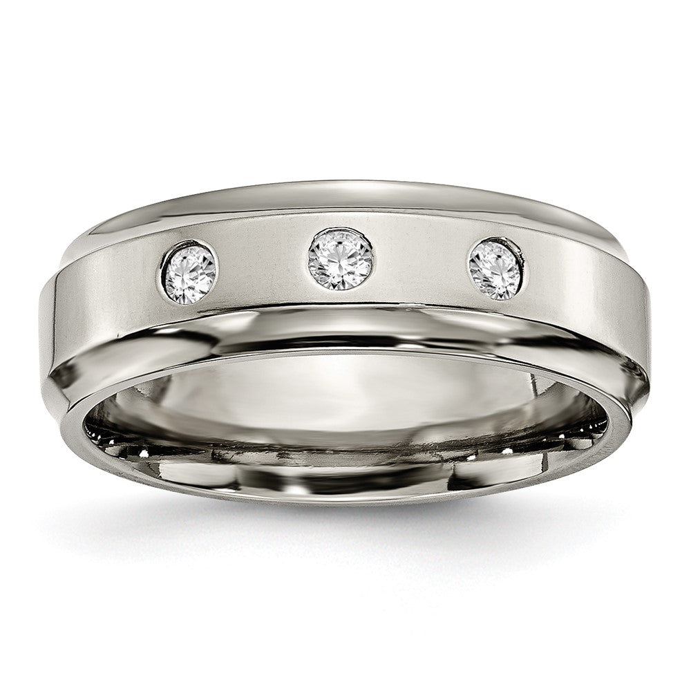 Mens 7mm Titanium 1/5ctw Diamond 3 Stone Ridged Edge Standard Fit Band, Item R11999 by The Black Bow Jewelry Co.