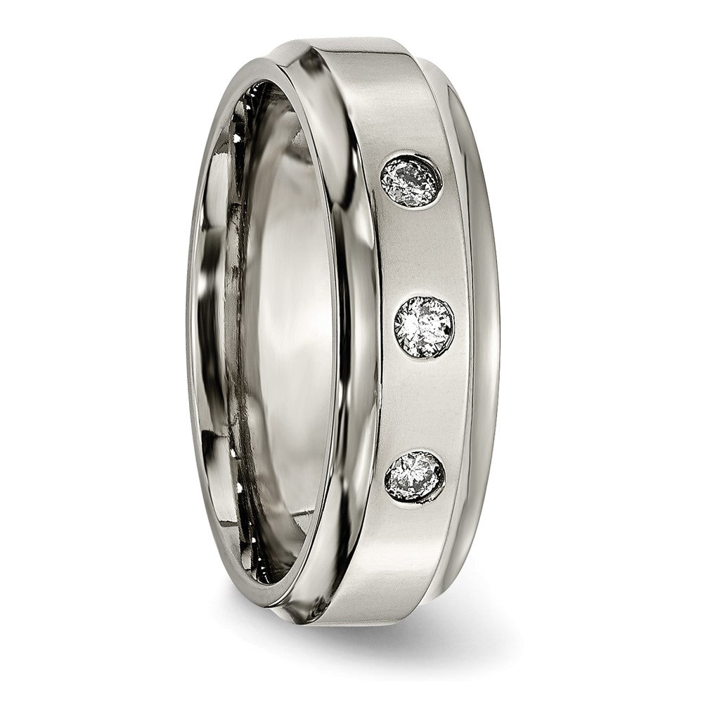 Alternate view of the Mens 7mm Titanium 1/5ctw Diamond 3 Stone Ridged Edge Standard Fit Band by The Black Bow Jewelry Co.