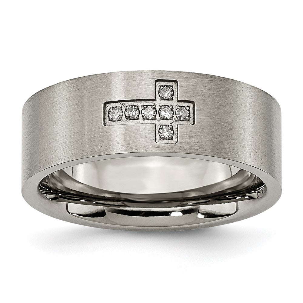 Men&#39;s 8mm Titanium 1/15ctw Diamond Cross Brushed Flat Band, Item R12003 by The Black Bow Jewelry Co.