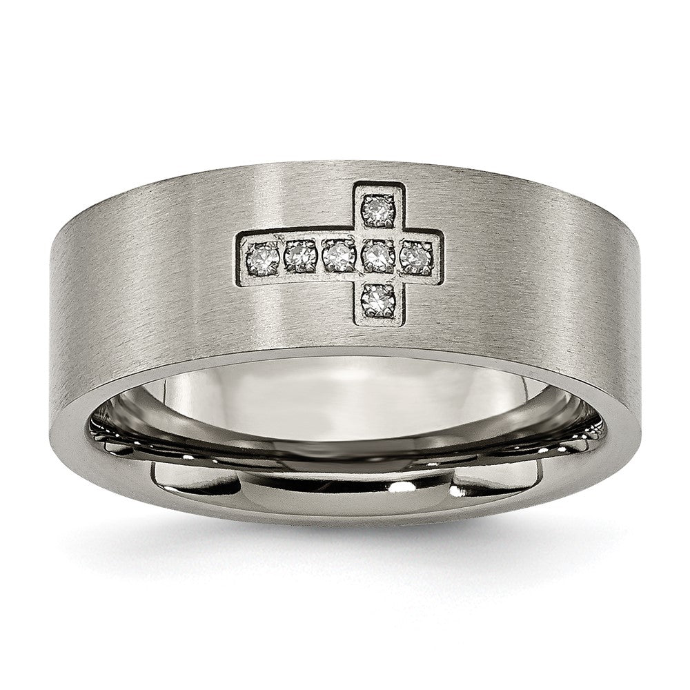 Men's 8mm Titanium 1/15ctw Diamond Cross Brushed Flat Band, Item R12003 by The Black Bow Jewelry Co.