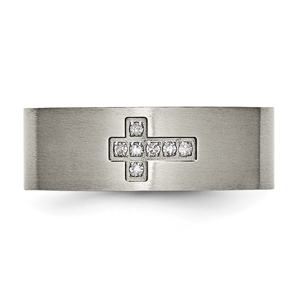 Alternate view of the Men&#39;s 8mm Titanium 1/15ctw Diamond Cross Brushed Flat Band by The Black Bow Jewelry Co.
