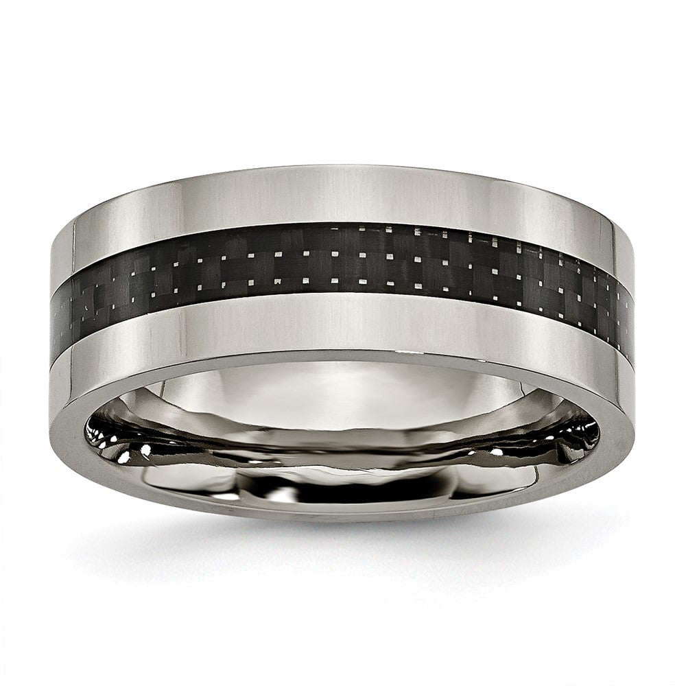 Men's 8mm Titanium & Black Carbon Fiber Flat Standard Fit Band, Item R12004 by The Black Bow Jewelry Co.