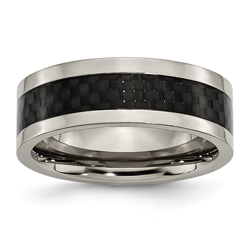 Men's 8mm Titanium & Black Carbon Fiber Flat Comfort Fit Band, Item R12005 by The Black Bow Jewelry Co.