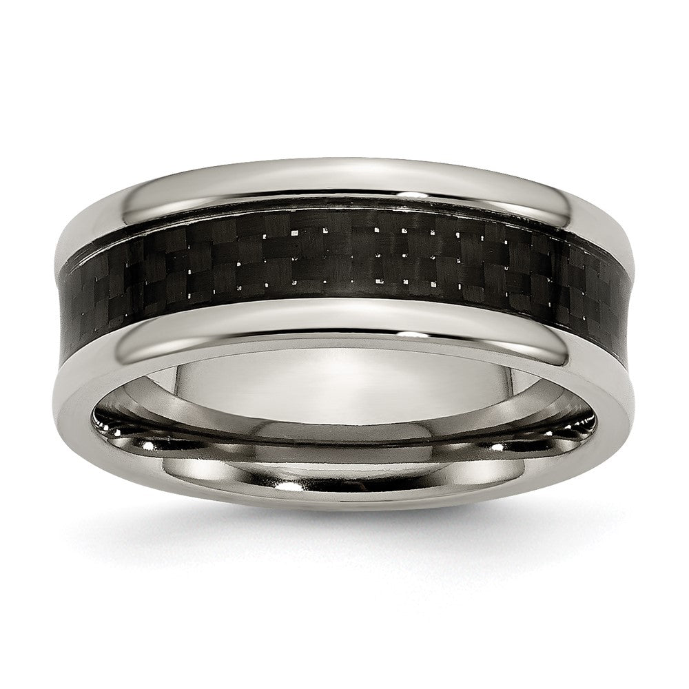 Men's 8mm Titanium & Black Carbon Fiber Concaved Standard Fit Band, Item R12006 by The Black Bow Jewelry Co.