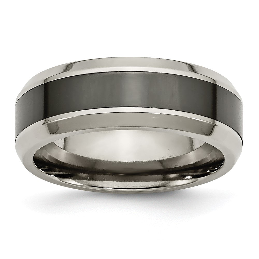 Men&#39;s 8mm Titanium &amp; Polished Black Ceramic Beveled Comfort Fit Band, Item R12007 by The Black Bow Jewelry Co.