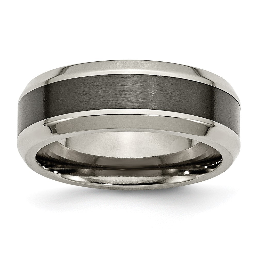 Men&#39;s 8mm Titanium &amp; Brushed Black Ceramic Beveled Comfort Fit Band, Item R12008 by The Black Bow Jewelry Co.